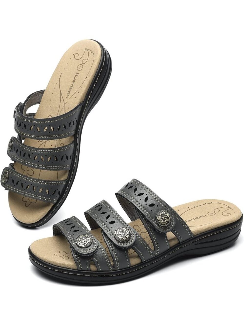 Women's Comfort Leather Slides Flat Sandals Grey Slip On Casual Walking Slippers - Picture 6 of 6